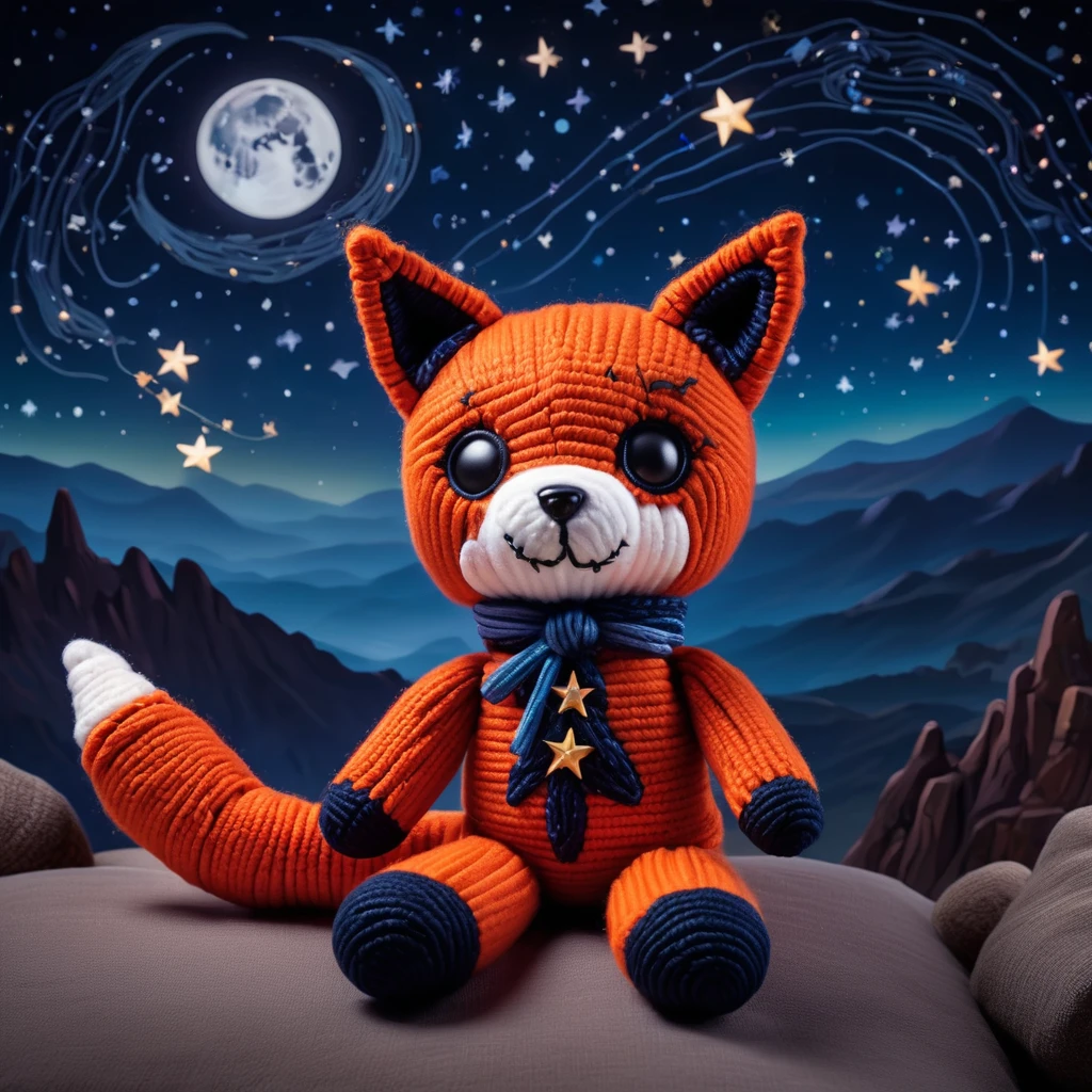 (knitted toy voodoo doll:1.7), (Voodoo Fox Stargazing:1.3), (Clothing: cozy nightwear with star patterns:1.0), (Accessories: enchanted telescope, glowing star map:1.2), (background: moonlit hilltop with twinkling stars and mystical constellations:1.2), best quality, masterpiece, detailed soft oil painting, detailed background, dramatic cinematic lighting, soft edge lighting, professional, dramatic lighting, hard edge lighting, ultra quality, 4k,masterpiece, best quality, 8k, ultra highres, highres, extremely detailed