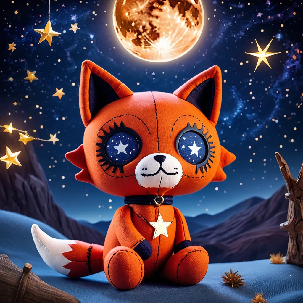 (knitted toy voodoo doll:1.7), (Voodoo Fox Stargazing:1.3), (Clothing: cozy nightwear with star patterns:1.0), (Accessories: enchanted telescope, glowing star map:1.2), (background: moonlit hilltop with twinkling stars and mystical constellations:1.2), best quality, masterpiece, detailed soft oil painting, detailed background, dramatic cinematic lighting, soft edge lighting, professional, dramatic lighting, hard edge lighting, ultra quality, 4k,masterpiece, best quality, 8k, ultra highres, highres, extremely detailed