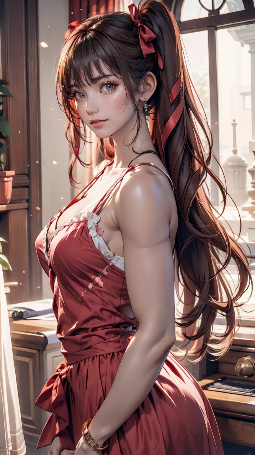 A very delicate and cute girl with pink hair and a ta dress. 8K ultra-high image quality, Delicate texture, Pure white background.24-year-old female、Sexy proportions、Sexy breasts、Narrow waist、Long eyelashes、Side Ponytail((side ponytail))、hair band((hair ribbon))、Red hair、Textured skin((textured skin))