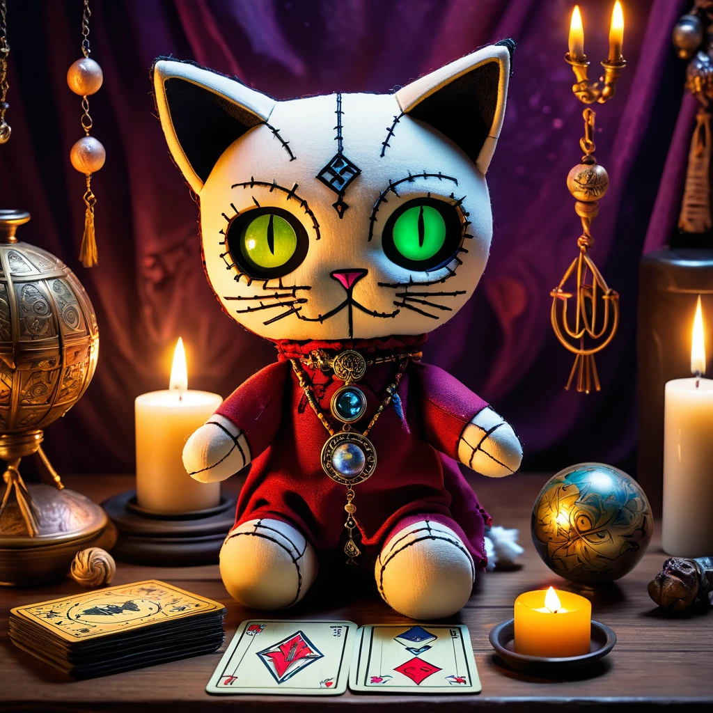 (knitted toy voodoo doll:1.9), (Voodoo Cat Reading Tarot:1.3), (Clothing: mystical cloak with arcane symbols:1.0), (Accessories: enchanted tarot cards, glowing crystal ball:1.2), (background: candle-lit room with floating symbols and mystical smoke:1.2), best quality, masterpiece, detailed soft oil painting, detailed background, dramatic cinematic lighting, soft edge lighting, professional, dramatic lighting, hard edge lighting, ultra quality, 4k,masterpiece, best quality, 8k, ultra highres, highres, extremely detailed