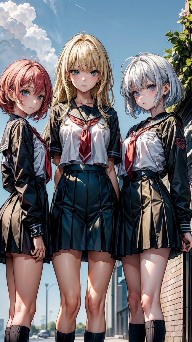 "Three 17 year old girls. The first one has yellow hair and green eyes., with tanned body. The second has white hair and blue eyes, with light skin. The third has red hair and red eyes., with dark body. The three are standing, wearing school uniforms. The background is a high school."
