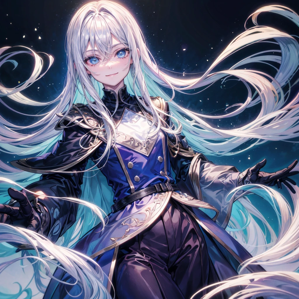 Grown-up guy, pearlescent hair, blue eyes, dark clothes,smile face,murder,man