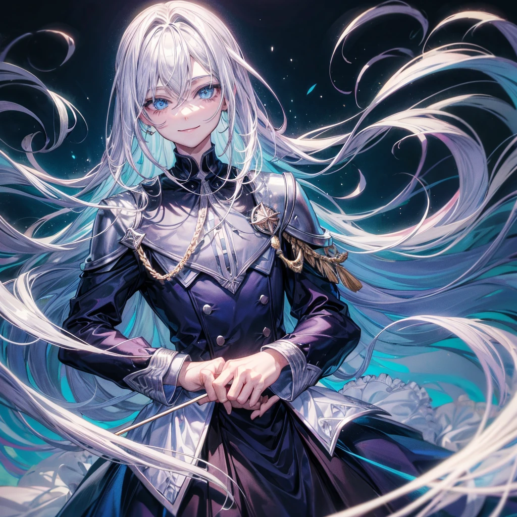 Grown-up guy, pearlescent hair, blue eyes, dark clothes,smile face,murder,man