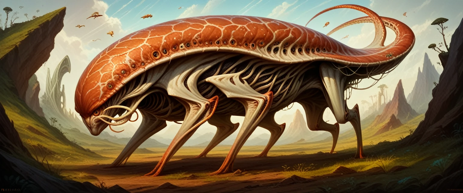 A bizarre alien grazing creature, extraterrestrial wildlife, large imaginative alien animal, detailed alien anatomy, intricate alien textures and patterns, cinematic lighting, fantasy landscape, dramatic composition, surreal color palette, highly detailed, 8K, photorealistic, masterpiece