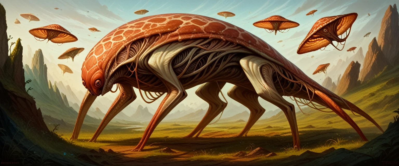 A bizarre alien grazing creature, extraterrestrial wildlife, large imaginative alien animal, detailed alien anatomy, intricate alien textures and patterns, cinematic lighting, fantasy landscape, dramatic composition, surreal color palette, highly detailed, 8K, photorealistic, masterpiece