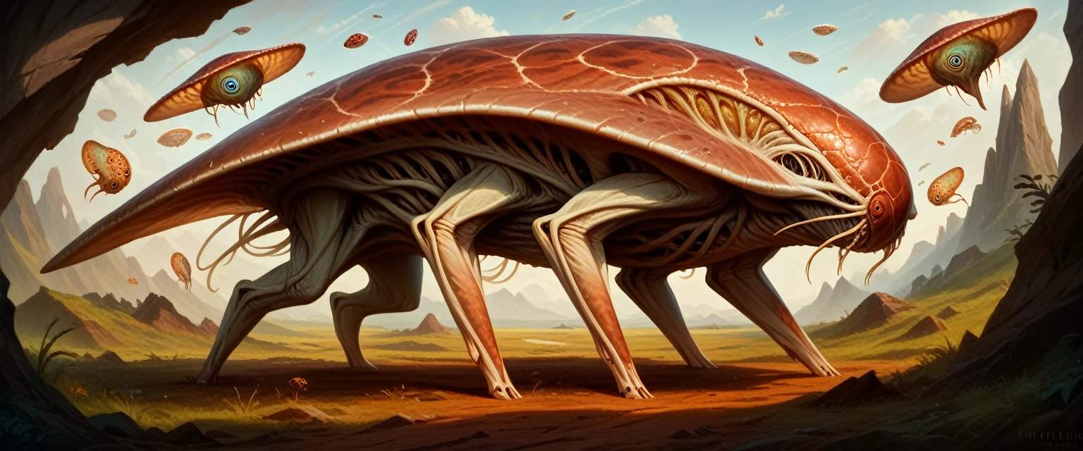 A bizarre alien grazing creature, extraterrestrial wildlife, large imaginative alien animal, detailed alien anatomy, intricate alien textures and patterns, cinematic lighting, fantasy landscape, dramatic composition, surreal color palette, highly detailed, 8K, photorealistic, masterpiece