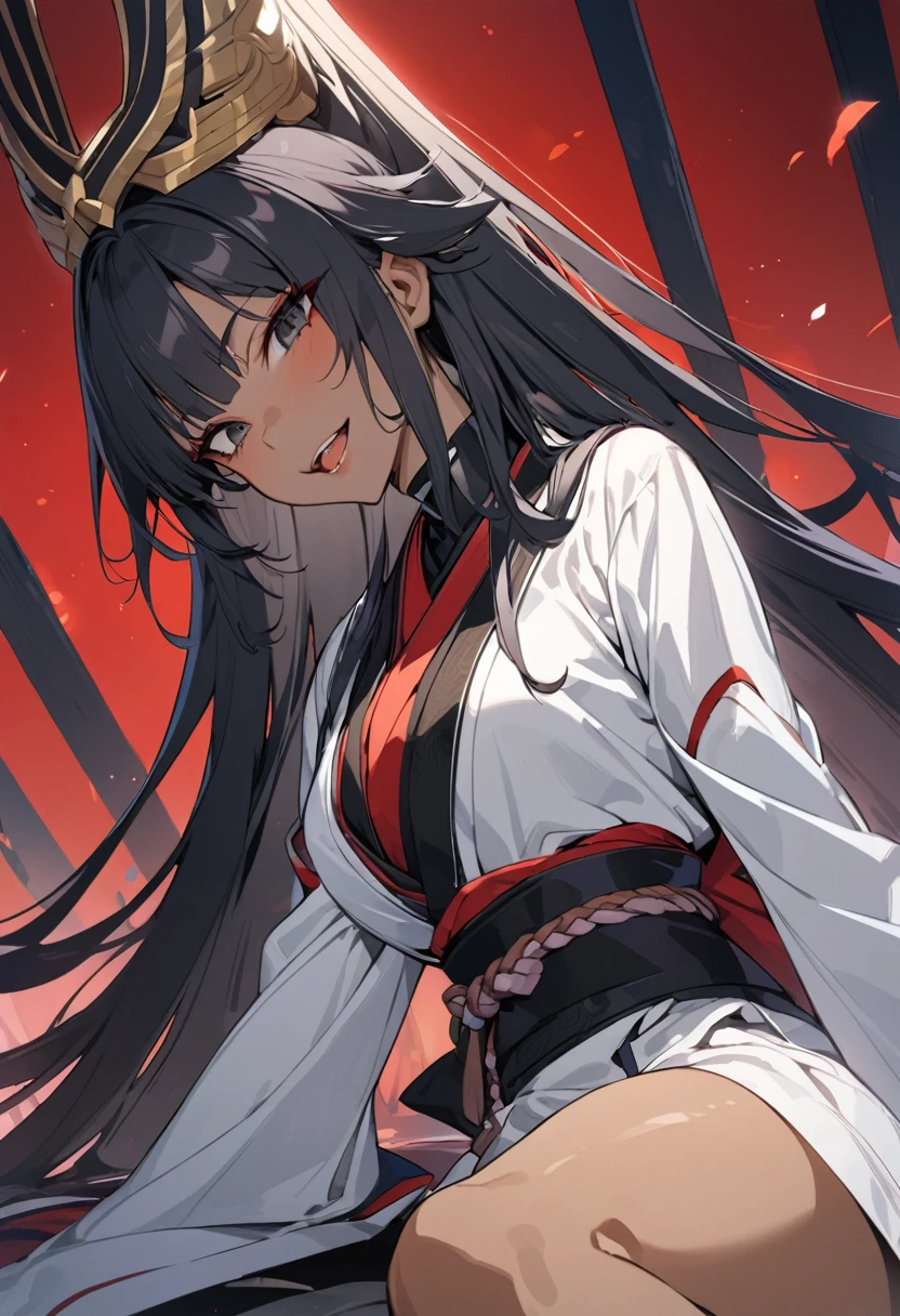 (anime style),masterpiece, best quality, extremely detailed,18Year old,tanned skin,dark skin, Beautiful body,middle breasts,BREAK,multicolored colorful black hair,absurdly long hair,for head,BREAK,black eyes,best smile,open mouth,detailed lips,BREAK,cotton black big ribbon,BREAK,heian,kimono,break,head tilt,