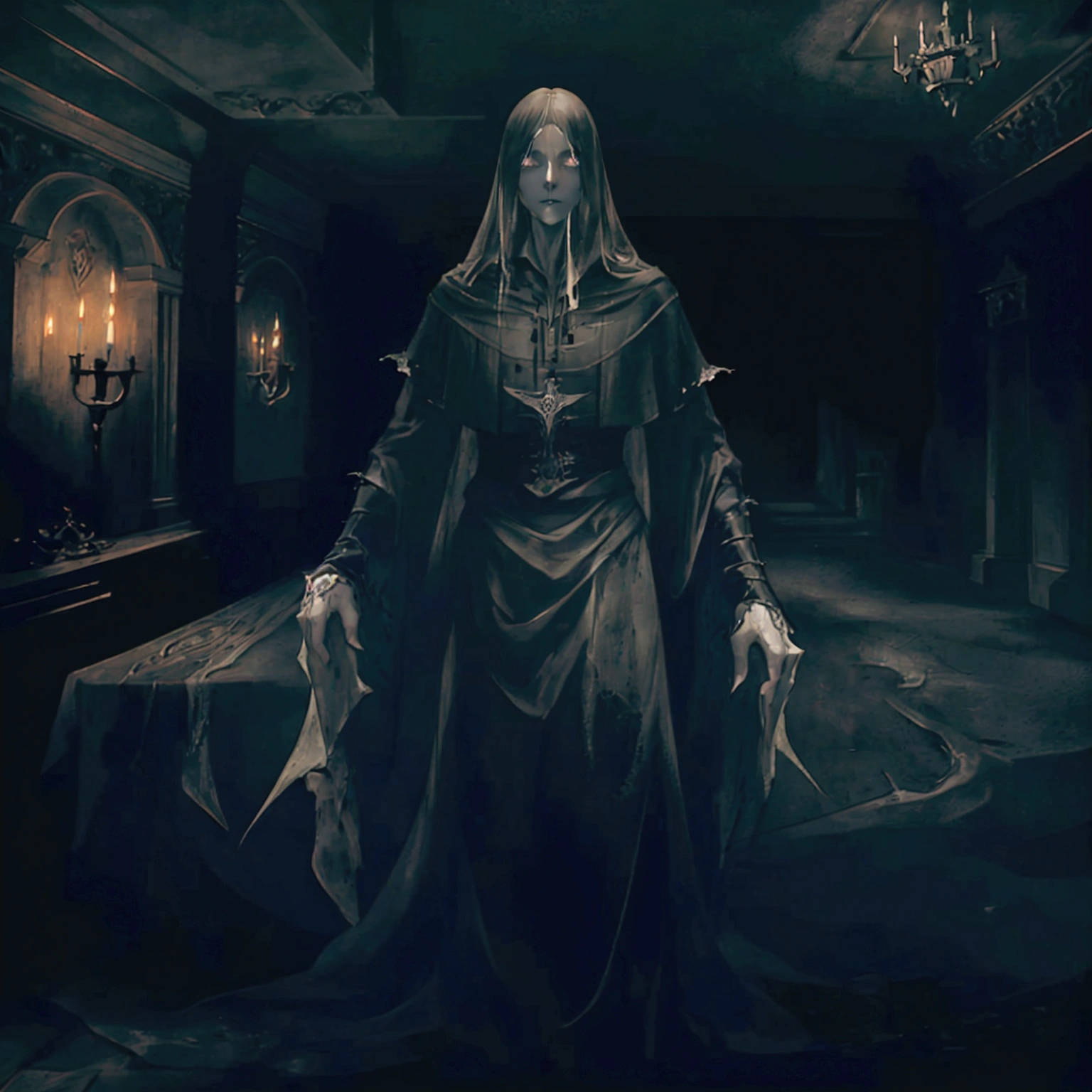 a sexy male ghost in a castle, highly detailed portrait, intricate details, chiaroscuro lighting, dark moody castle interior, dramatic shadows, glowing supernatural aura, piercing gaze, mesmerizing eyes, sharp facial features, flowing ethereal robes, ghostly pale skin, mysterious expression, moody atmospheric lighting, cinematic composition, rich color palette, dark fantasy, cinematic lighting