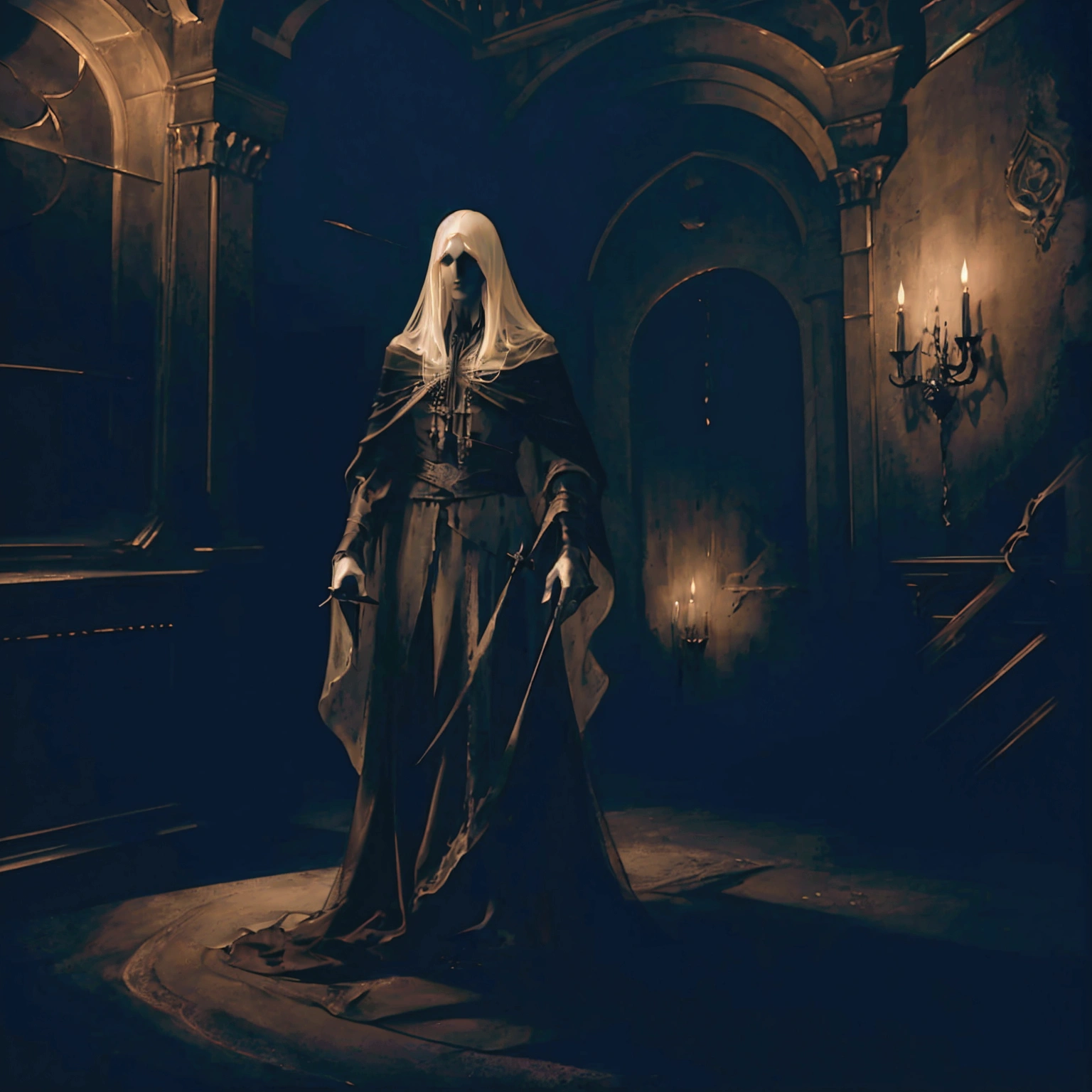 a sexy male ghost in a castle, highly detailed portrait, intricate details, chiaroscuro lighting, dark moody castle interior, dramatic shadows, glowing supernatural aura, piercing gaze, mesmerizing eyes, sharp facial features, flowing ethereal robes, ghostly pale skin, mysterious expression, moody atmospheric lighting, cinematic composition, rich color palette, dark fantasy, cinematic lighting