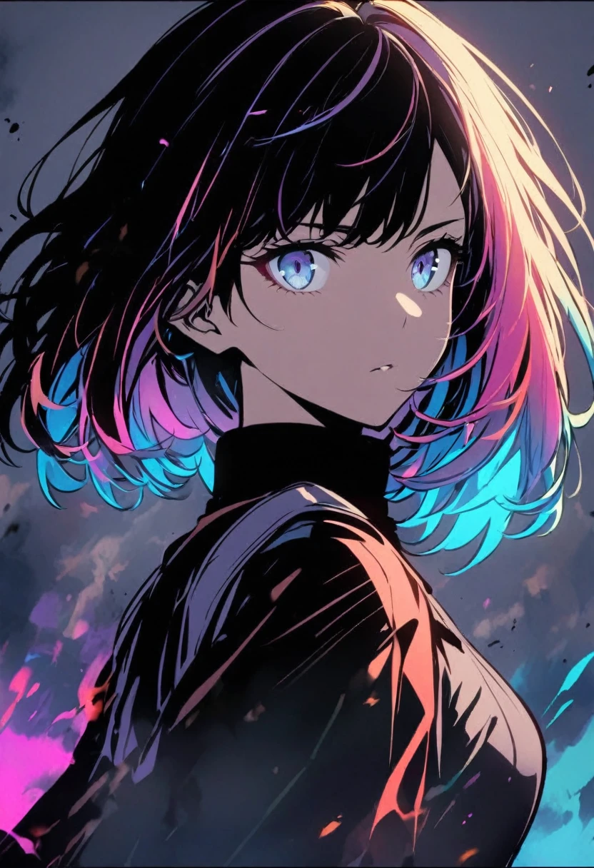 alone, female, Bob Hair, Colorful Hair, Powerful gaze, Black turtleneck, Upper Body, front