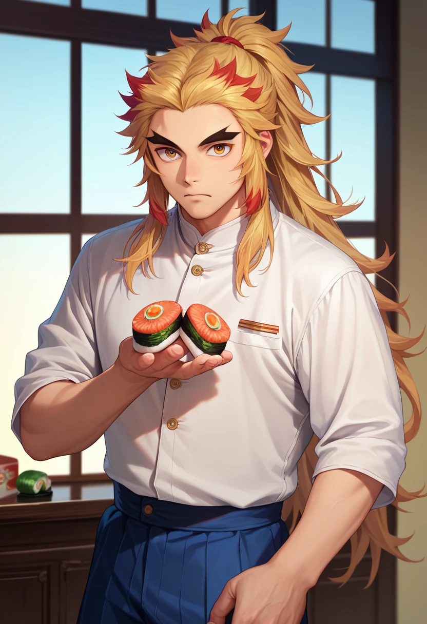 ((best quality)), ((masterpiece)), (detailed), Cowboy shot, solo, male focus, Rengoku Kyojuro,  looking a viewer,  Long hair, high ponytail, Split eyebrows, eat sushi 