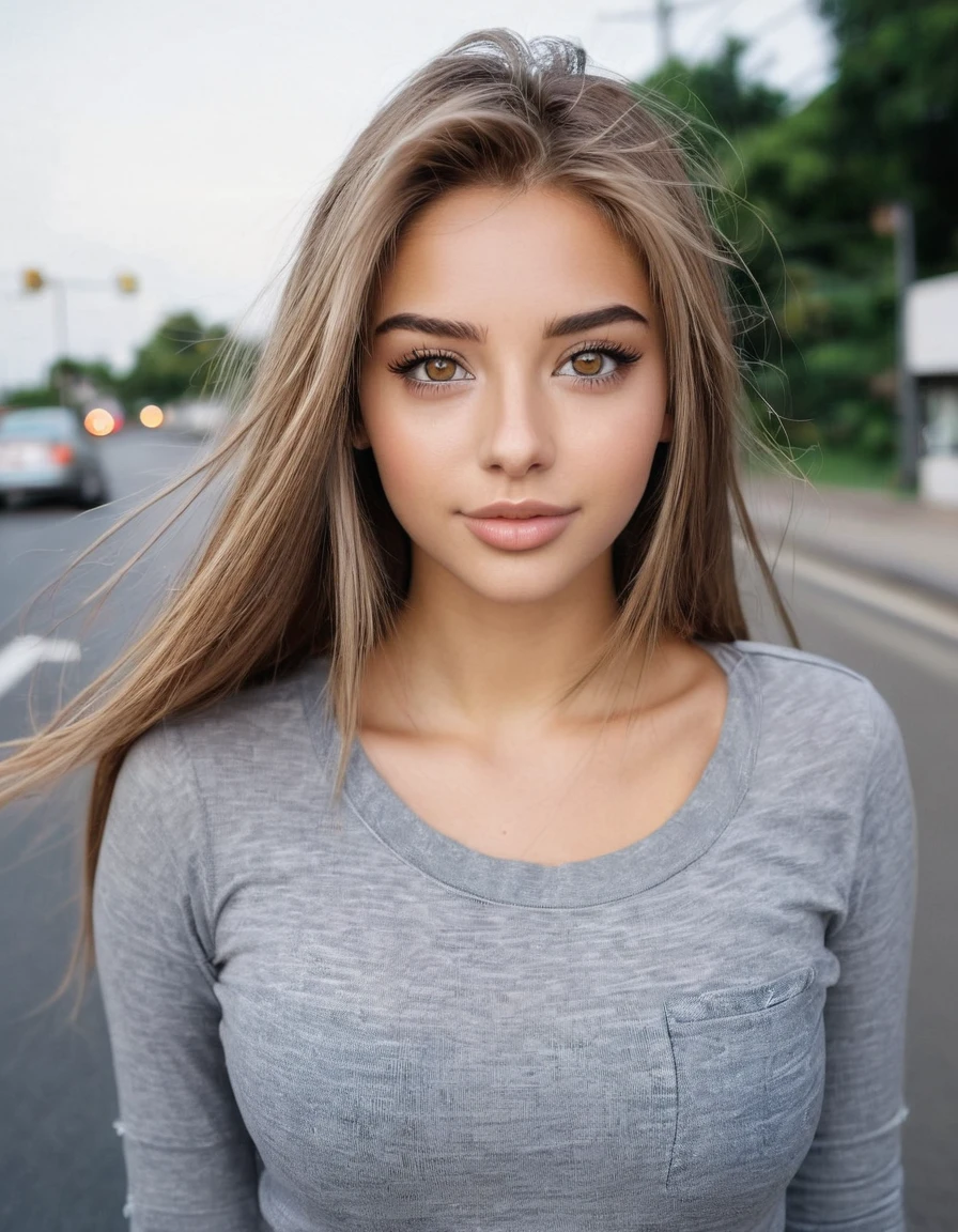 beautiful 23-year-old girl with long light brown hair, big amber eyes, white skin tone, long eyelashes, type of straight eyebrows, slight smile, full body, small bust, wide hipstype of straight eyebrows, slight smile, cross the road, small bust, wear grey shirt and long black jeans wide hips