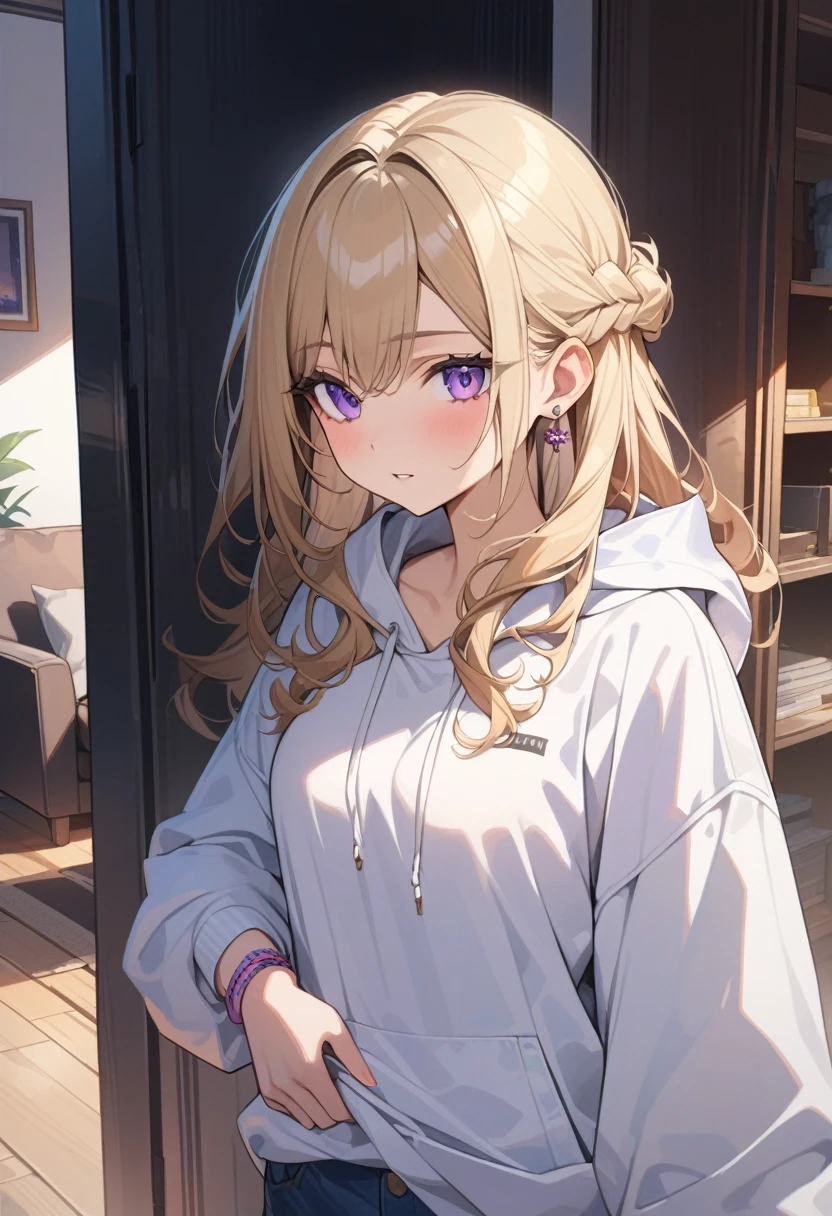 masterpiece, best quality, extremely detailed, ultra detailed, flat anime, 2D,
1girl, (young adult:1.2),blonde hair, (semi-long hair:1.2), curly hair, french braid, medium breasts, purple eyes, tsurime, height 1.7meters,
white hooded sweatshirt, jeans, earring,bracelet, long sleeves,socks,
very interesting,
upper body, portrait,
summer, livingroom, 12AM., standing