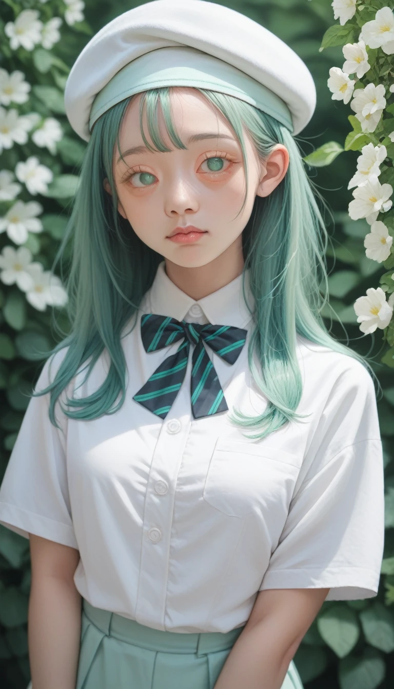 score_9_up, score_8_up, score_7_up, 1 Girl, (Eye bags:1.5), Mint green hair, twin_Weaving, White beret, White shirt, Flower tie