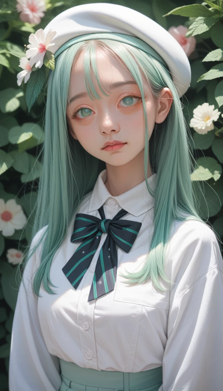score_9_up, score_8_up, score_7_up, 1 Girl, (Eye bags:1.5), Mint green hair, twin_Weaving, White beret, White shirt, Flower tie
