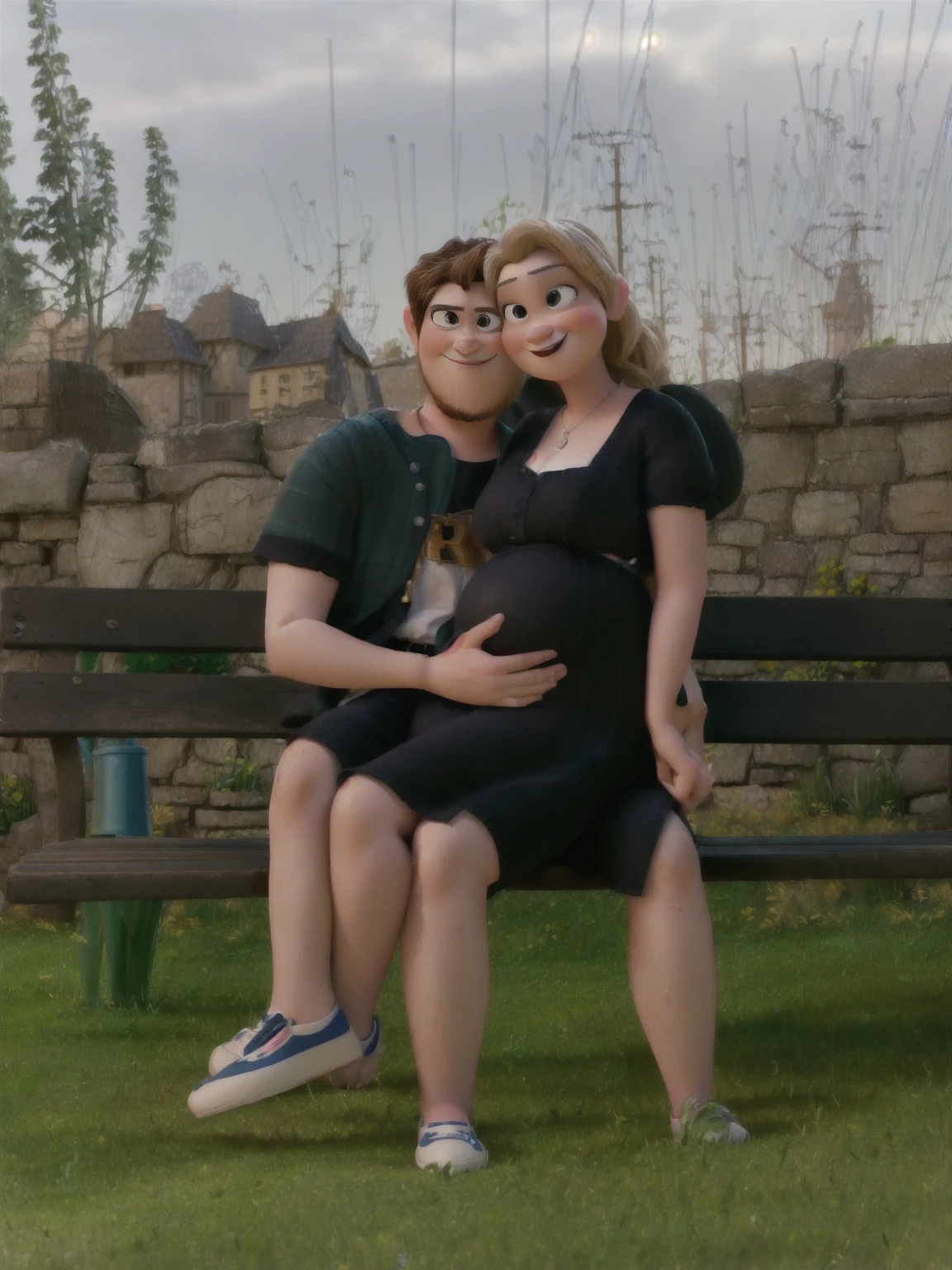 (pixarstyle: 1.5), there is a man and woman sitting on a bench together, pregnant, pregnancy, photo portrait, photoshooting, couples portrait, portrait image, portrait picture, couple portrait, couple pose, by Jan Konůpek, maternity feeling, maternal photography 4 k, sitting on a bench, vacation photo, bench, taken in 2 0 2 0, couple, lovely couple