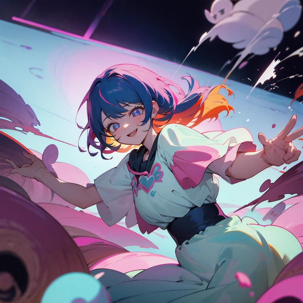 In the style of "Oshi no Ko," create an anime-style image of a clumsy and naturally awkward girl. She should have bright-colored hair, styled in a fluffy and cute manner, and her smile should be charming. Dress her in casual, adorable clothing, like a pink or light blue dress or one-piece outfit. Depict her in a scene where she's bumping into something or tripping, showing a slightly troubled but cheerful expression. The background should be bright and fun, emphasizing her clumsiness in a lively setting. For example, include scattered items or animals around her, reflecting her involvement in a playful mishap.