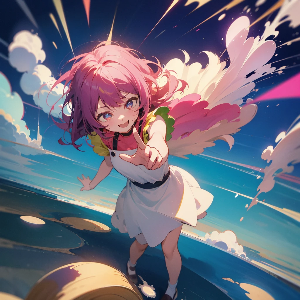 In the style of "Oshi no Ko," create an anime-style image of a clumsy and naturally awkward girl. She should have bright-colored hair, styled in a fluffy and cute manner, and her smile should be charming. Dress her in casual, adorable clothing, like a pink or light blue dress or one-piece outfit. Depict her in a scene where she's bumping into something or tripping, showing a slightly troubled but cheerful expression. The background should be bright and fun, emphasizing her clumsiness in a lively setting. For example, include scattered items or animals around her, reflecting her involvement in a playful mishap.