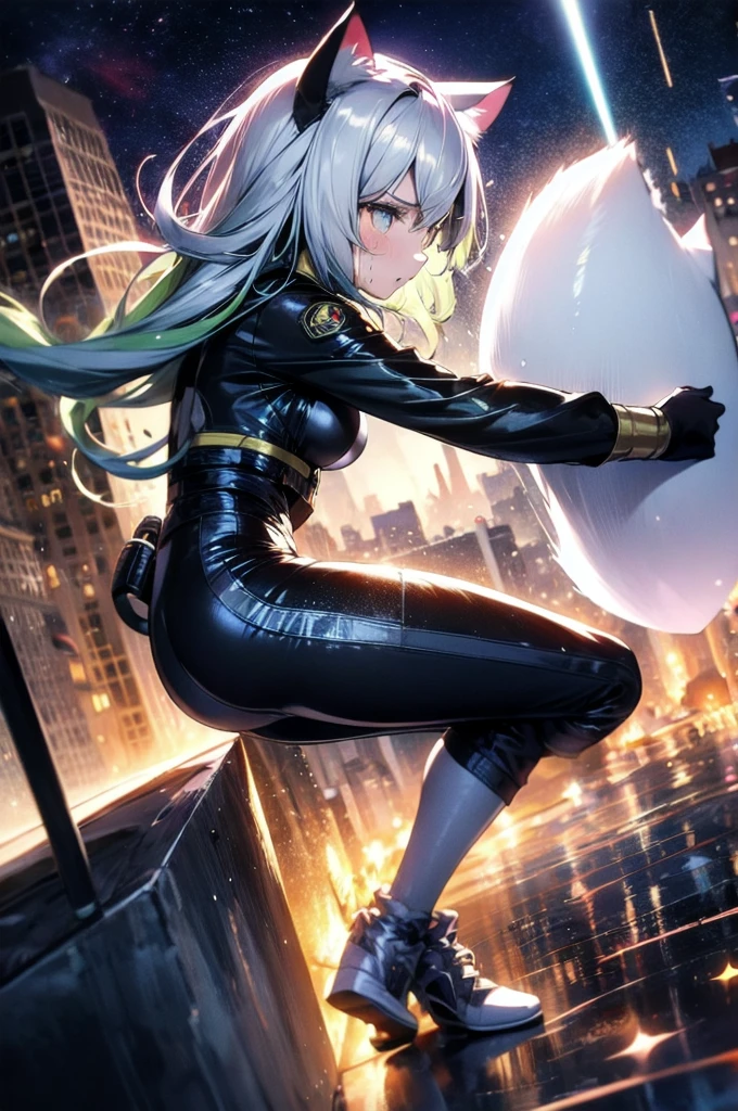 A silver-haired beautiful girl with cat ears eyes are green hair is silver and long clothes: a form-fitting black combat suit The fist is an afterimage The background is a city at night her is in a cat-like fighting pose The year is 14 years monitor, Dark Night, Sweat, Steam of Exhalation, Space, Battle, Dynamic Angle one girl