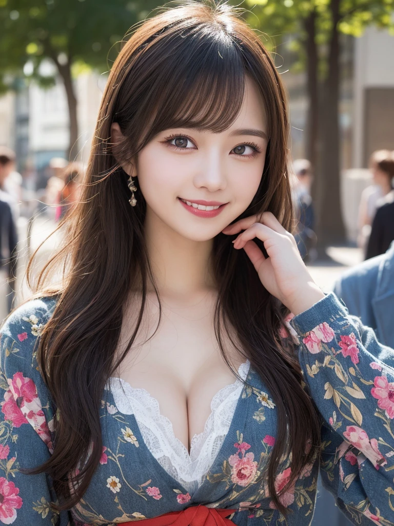 masterpiece, best quality, illustration, ultra-detailed, finely detailed, high resolution, 8K wallpaper, perfect dynamic composition, beautiful detailed eyes, Harajuku, colorful fashion, medium hair, small breasts, bold pose, smile, looking at camera