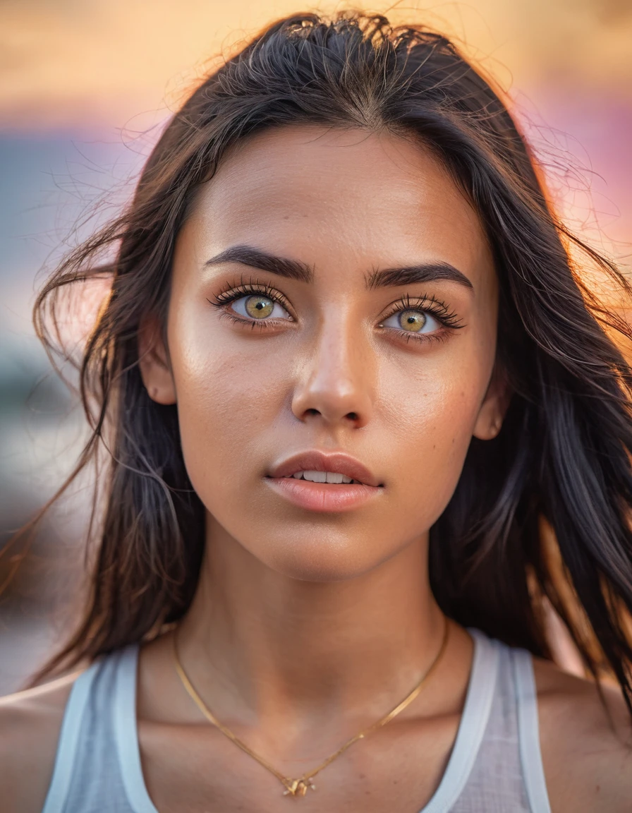 full head portrait with highly detailed eyes, highly detailed features, photographic 35mm shot, goddess & gorgeous, candid girl, expressive and mesmerizing eyes, golden hour, cinematic lightning, extreme realism , dimples, black straight hair, browneyes, white tank top, sweat,pastel-colored background,HDR,32k,hyper maximalism,sharp focus,photo raw