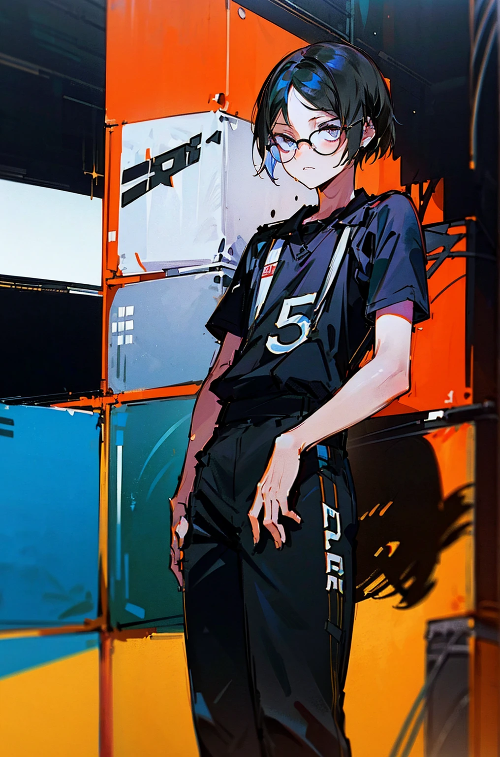 
(hutaodef:1.2),black h在 with h在 ,white 背，
Kenma Kozume，Lazy，Dark circles，Comfort，Shopping black short sleeve，Pure white shirt，Black wide-leg pants，one person，Standing，Glasses