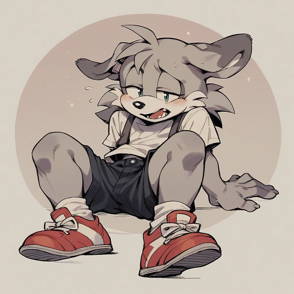 1940s cartoon sonic style dog, wearing black shorts, getting erased.