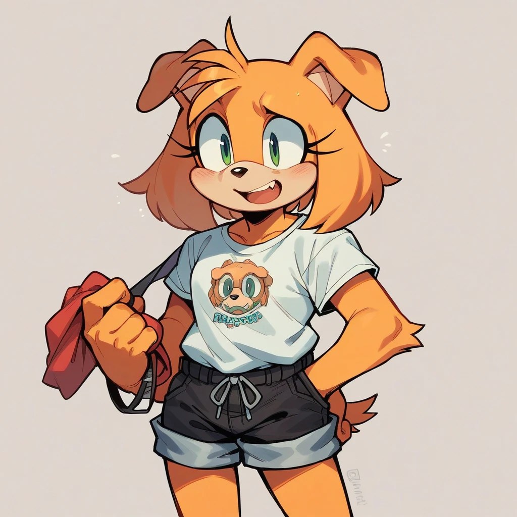 1940s cartoon sonic style dog, wearing black shorts, getting erased.