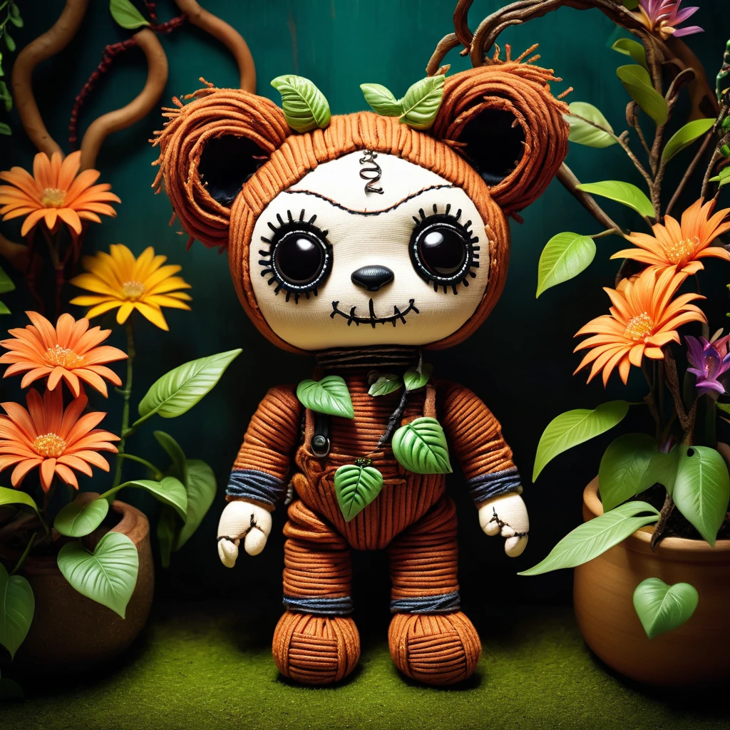 (knitted toy voodoo doll:1.8), (Voodoo Lemur Gardener:1.3), (Clothing: earthy overalls with leaf patterns:1.0), (Accessories: glowing watering can, enchanted plant pots:1.2), (background: mystical garden with floating flowers and magical vines:1.2), best quality, masterpiece, detailed soft oil painting, detailed background, dramatic cinematic lighting, soft edge lighting, professional, dramatic lighting, hard edge lighting, ultra quality, 4k,masterpiece, best quality, 8k, ultra highres, highres, extremely detailed