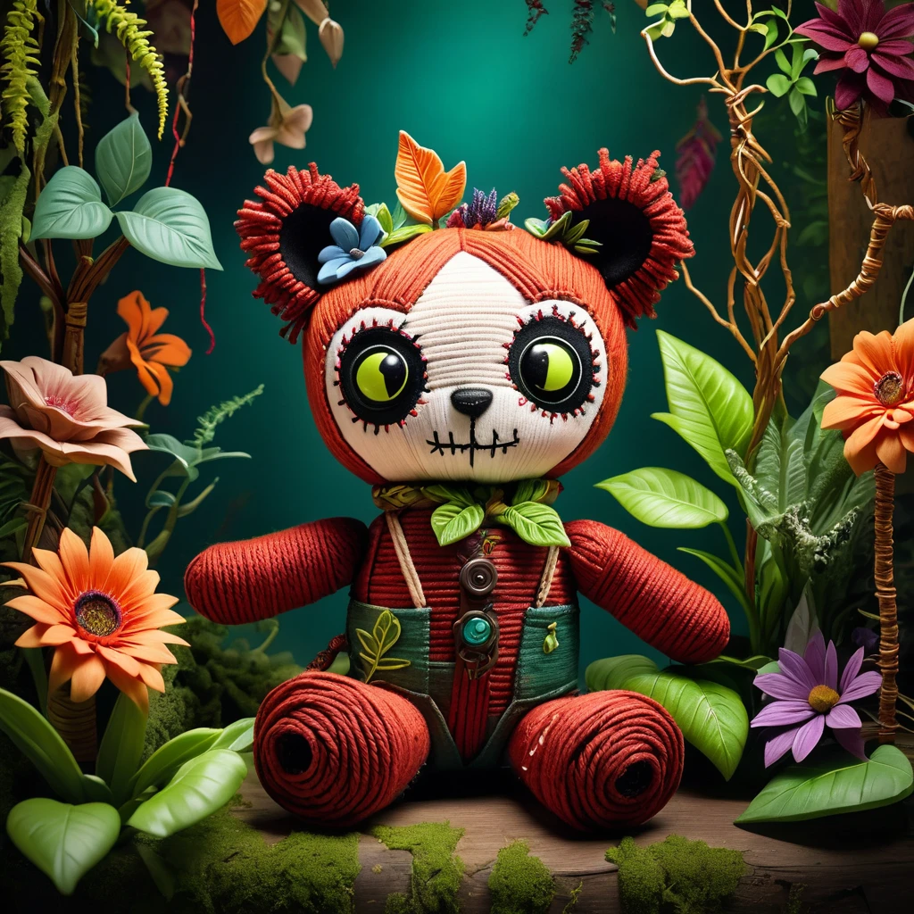(knitted toy voodoo doll:1.8), (Voodoo Lemur Gardener:1.3), (Clothing: earthy overalls with leaf patterns:1.0), (Accessories: glowing watering can, enchanted plant pots:1.2), (background: mystical garden with floating flowers and magical vines:1.2), best quality, masterpiece, detailed soft oil painting, detailed background, dramatic cinematic lighting, soft edge lighting, professional, dramatic lighting, hard edge lighting, ultra quality, 4k,masterpiece, best quality, 8k, ultra highres, highres, extremely detailed