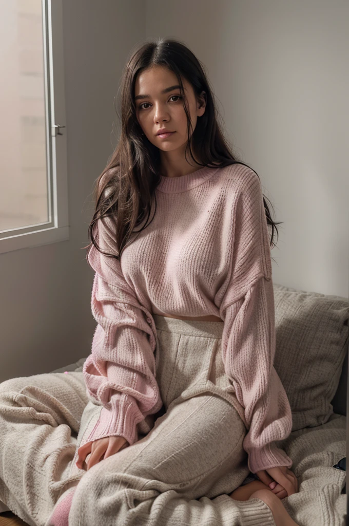 Sweater and Knit
“21yo girl, black hair, long hair, (wearing oversize pink sweater, knit trousers), natural medium breast, plump body,single sidelock hairpin blush, modern cinematic lighting, ray tracing, drop shadow wide shot UHD, textured skin, high details, best quality 4K, sit on th floor, setup face, sad.”