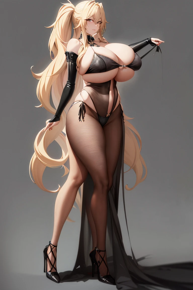 A woman,Long blond hair,Black eyes,Black collar,Wearing a black bikini,Long legs,Nipple protrusion,Twenties,exposed,Black high heels,Huge breasts,超级Huge breasts,Enchanting,Standing with nipples raised