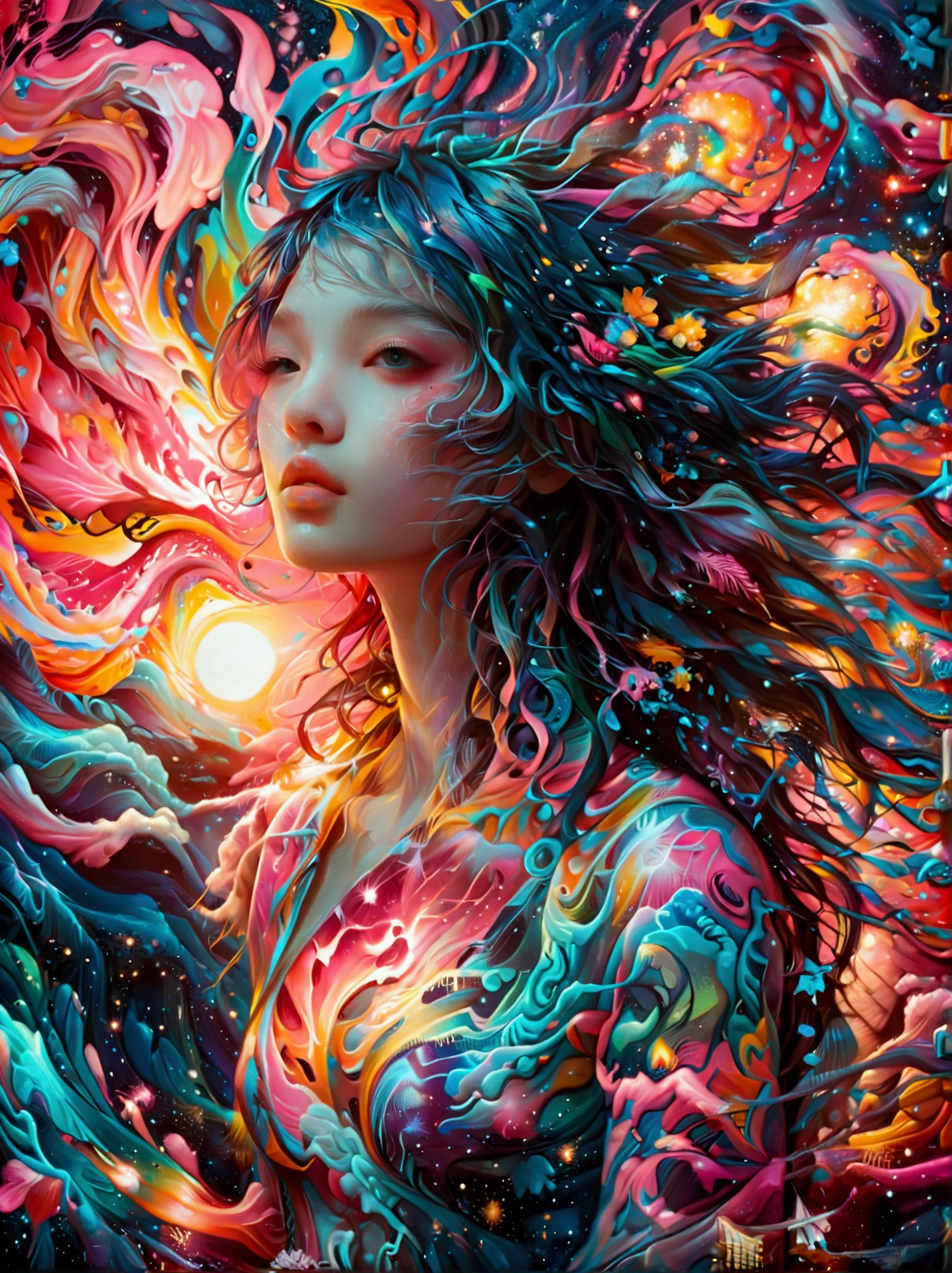 (Psychedelic painting of a beautiful girl standing in front of a colorful swirl:1.5), (Hip-hop pose:1.9)，Official Art，(Aesthetics and aesthetics:1.2)，(Fractal Art:1.3)，(Chinese girl&#39;s facial features，Extremely beautiful facial features:1.8)，Elegant dress，(Front view:1.9)，(Top photographers shoot full body shots with wide-angle lenses:1.5)，Looking at the audience，(Rainbow hair，Hair color，Half blue and half pink hair:1.2)，water，liquid，cloud，Bright colors，Like a star，masterpiece，Best quality，Anatomically correct，Textured Skin，Super Detail，8k，high resolution，Vibrant colors, Thick Line, wave, Multi-layer, prospect, view, fractal thunder dan mumford , Dan Mumford and Alex Grey Styles, Inspired by Cyril Rolando，Psychedelic Surreal Art, Surreal psychedelic design, Dream Art Style,  Psychedelic Art, Infinite psychedelic waves