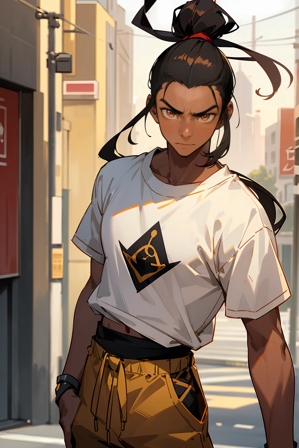 1male, ager, black hair, ponytail, man bun, topknot, bright golden eyes, calm expression, white t-shirt, black joggers, red jordans, dark skin, caramel skin, black skin, standing on street, hands to side, city background, detailed background, buildings, streets, stores, detailed face, facing viewer