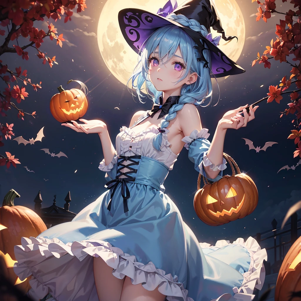 (Light blue medium hair:1.2),(Braided hair:1.2)、Pink eyes、Fair skin、cowboy shot、Halloween、The background is a pumpkin ghost、Crescent Moon、Trick or Treat、A lot of sweets、witch、Halloween night、Candy、many bat、Condescending expression、solo、(masterpiece、Highest quality、Very detailed、Best Shadow)、(Detailed Background)、(Beautifully detailed face)、High contrast、(Best lighting、Very delicate and beautiful)、(Cinematic Light)、colorful、Hyper Detail、Dramatic Light、Exquisite detail、