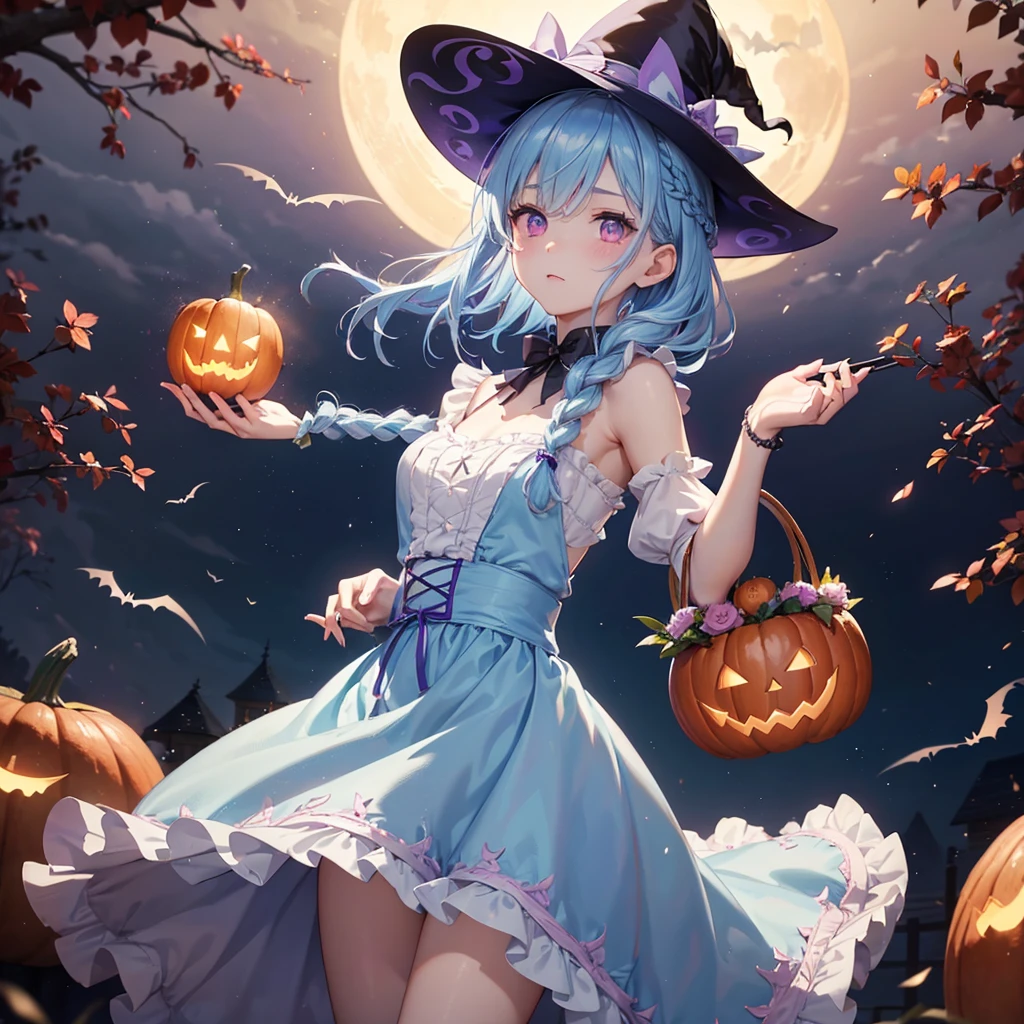 (Light blue medium hair:1.2),(Braided hair:1.2)、Pink eyes、Fair skin、cowboy shot、Halloween、The background is a pumpkin ghost、Crescent Moon、Trick or Treat、A lot of sweets、witch、Halloween night、Candy、many bat、Condescending expression、solo、(masterpiece、Highest quality、Very detailed、Best Shadow)、(Detailed Background)、(Beautifully detailed face)、High contrast、(Best lighting、Very delicate and beautiful)、(Cinematic Light)、colorful、Hyper Detail、Dramatic Light、Exquisite detail、