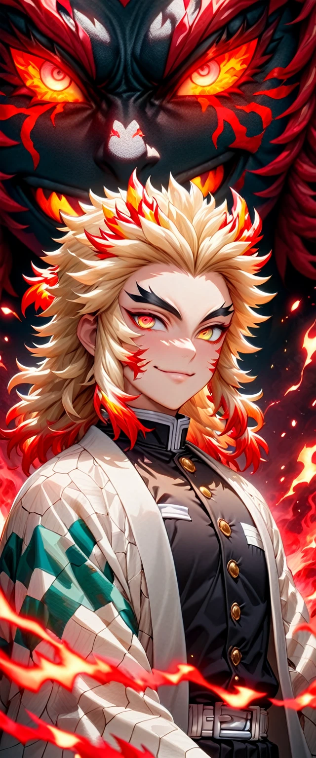 Super detailed, High resolution, Absurd, High resolution, masterpiece, Rengoku Kyojuro, Blonde, Expressive golden eyes, White Haori with a Flame Pattern, Black Demon Slayer uniform, Kimetsu no Yaiba, Fantasy, petal, Red flower, good looking, Sexy man, alone, magic, shining red fireflies, Highest quality, Highly detailed face and eyes, fire, Red Moon, Red Lightning, smile