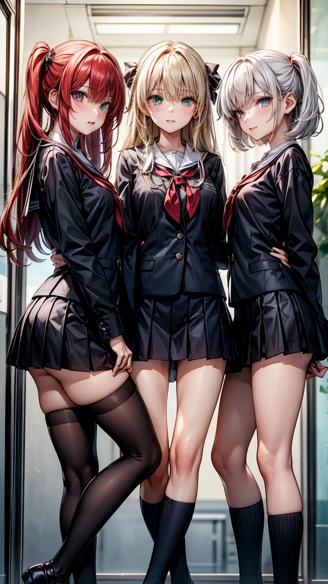"Three 17 year old girls. The first one has yellow hair and green eyes., with tanned body. The second has white hair and blue eyes, with light skin. The third has red hair and red eyes., with dark body. The three are standing, wearing school uniforms. The background is a high school."