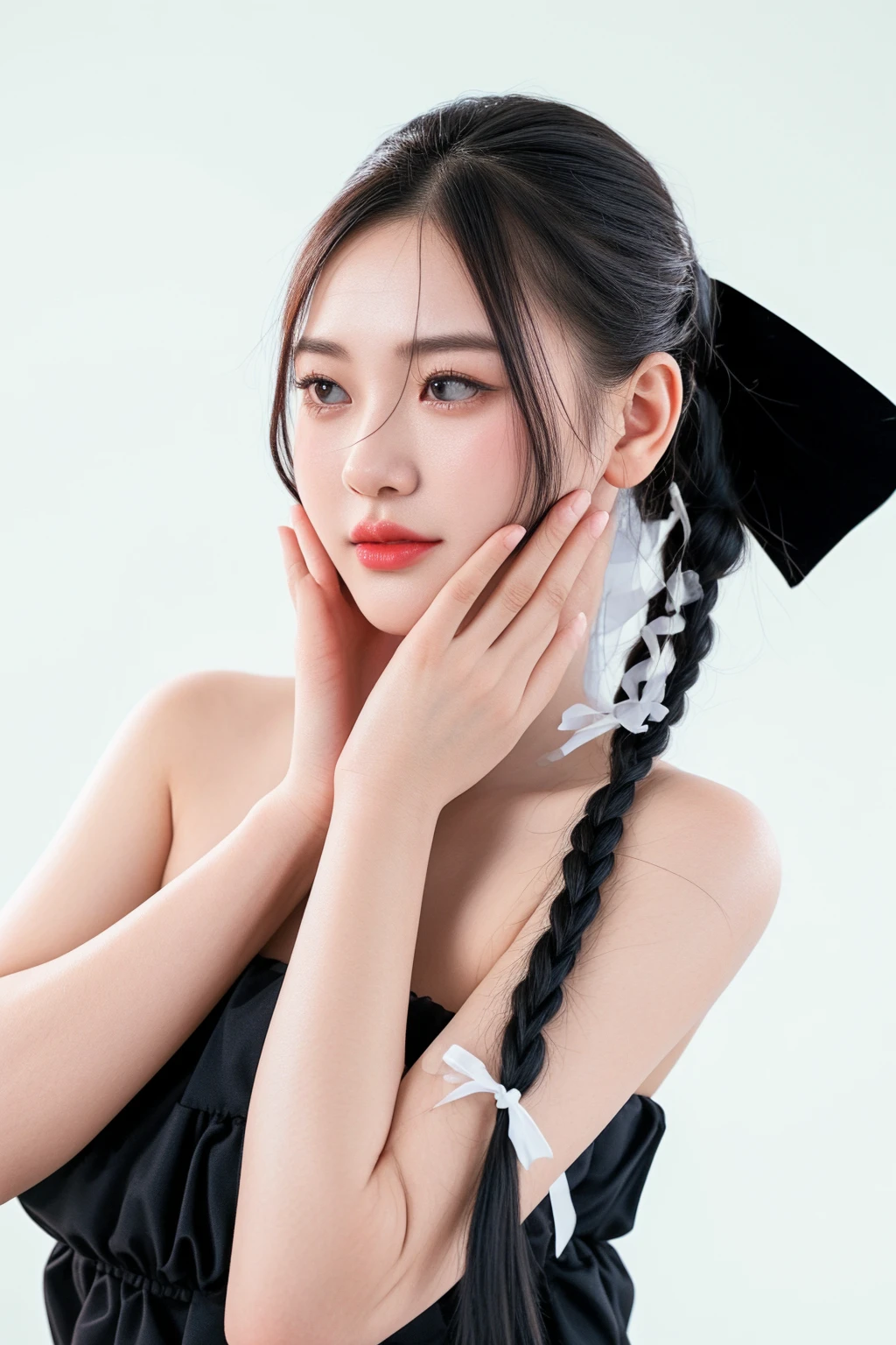 there is a woman with a black dress and a black bow, young cute wan asian face, with black pigtails, pigtails hairstyle, twintails hairstyle, young adorable korean face, wan adorable korean face, gorgeous chinese model, a young asian woman, beautiful young korean woman, chinese girl, beautiful south korean woman, close - up studio photo, gorgeous young korean woman