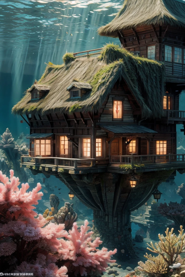 Color (Fantasy: 1.2), (Hayao Miyazaki style), (irregular building floating under the sea), patchwork cottages, Moss decorations, coral, lights, concept art inspired by Andreas Rocha, Artstation contest winner, Fantasy art, (underwater city), ross tran, light shafts, realistic lighting, masterpiece, high quality, beautiful graphics, high detail, masterpiece, high quality, beautiful graphics, high detail, 