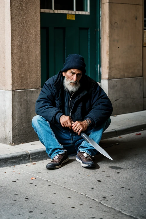A homeless man on the street with a knife in his hand