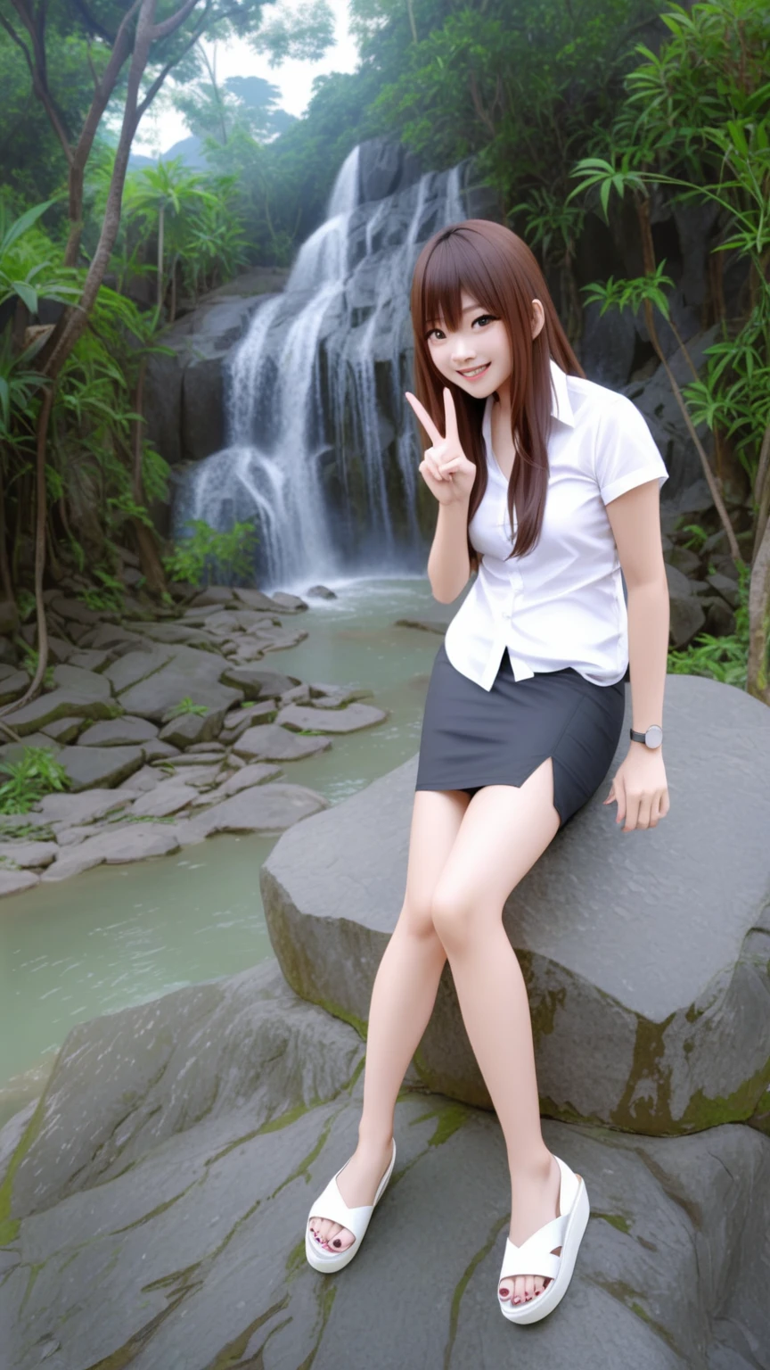 anime illustration of Thai young woman sitting on the big rock, smiling and making a V sign hand gesture, waterfall background, smiling, {she has a brown long hair and wearing white shirt short sleeves, collared button up shirt, black pencil skirt with belt}, (1girl, solo, full body), (masterpiece, best quality), mahalaiuniform