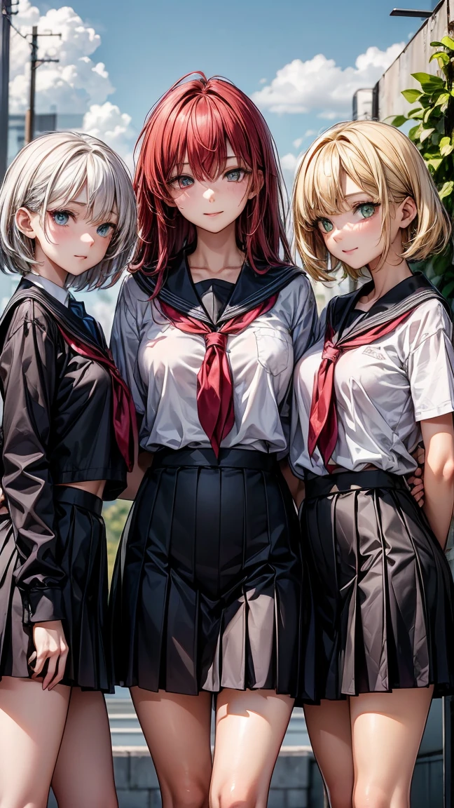 "Three 17 year old girls. The first has long yellow hair and green eyes., with tanned body. The second has white Bob hair and blue eyes, with light skin. The third has long red hair and red eyes., with dark body. The three are standing, wearing school uniforms. The background is a high school."