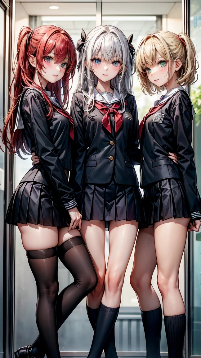 "Three 17 year old girls. The first one has yellow hair and green eyes., with tanned body. The second has white hair and blue eyes, with light skin. The third has red hair and red eyes., with dark body. The three are standing, wearing school uniforms. The background is a high school."
