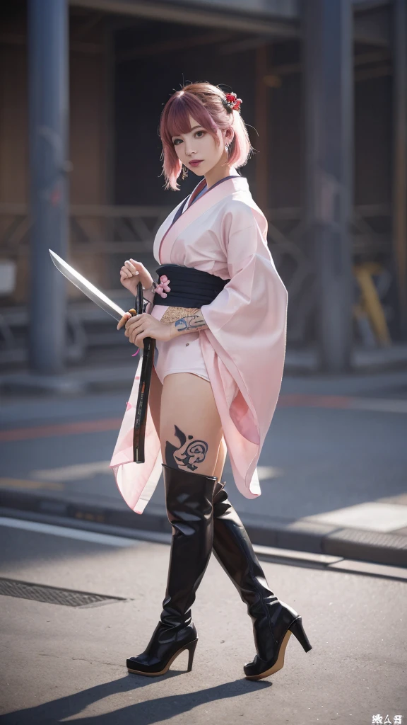 Beautiful Chinese woman, (16 years old), cute face, red lips, white moisturized skin, moles, ((eye bags)),
BREAK,
Feminine body with high athletic ability, Body of a female fitness model, Feminine body with hard tones, (Muscles: 1.2), (Beautiful belly button),
BREAK,
Fighter, Kung Fu fighter, Idol,
BREAK,
(Wearing a cute kimono: 1.3), (Kimono with a high degree of exposure), (Stiletto heels, long boots 1.3), necklace, very large earrings, short length,
BREAK,
Short hair, (Short bob hair), (Bangs: 1.2), (Pink hair: 1.3), (Wavy hair),
BREAK,
(Very large Japanese sword: 1.4), (Holding the handle of a Japanese sword: 1.3), (Fighting: 1.2), (Getting into a fighting stance), (Beautiful blade of a Japanese sword: 1.2)
BREAK,
(Japanese tattoo: 1.4),
BREAK,
Masterpiece, Perfect lighting, Ultra high resolution, 8K, (Very detailed: 1.4), (From the front), Looking at the camera, Melancholic expression,
BREAK,
(Tokyo city, lots of people in the background: 1.2), City background in Shibuya, Tokyo, Japan,
