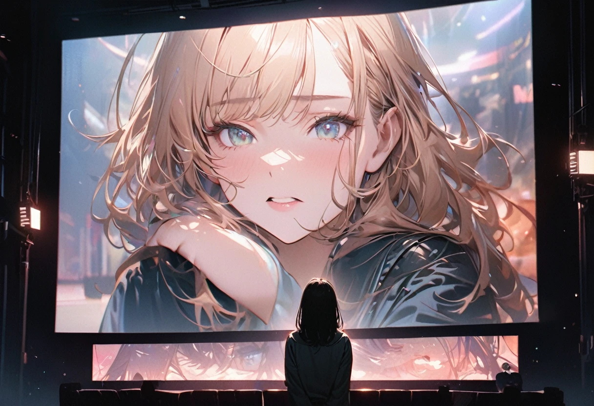 (Projection onto a cinema screen, hyper realistic style), (Word message Visible of "1111" in cinema screen), break, double exposure sadist girl in screen, BREAK, perfect anatomy, masterpiece, best quality, 16k, beautiful detailed cinema, daydreaming expression.