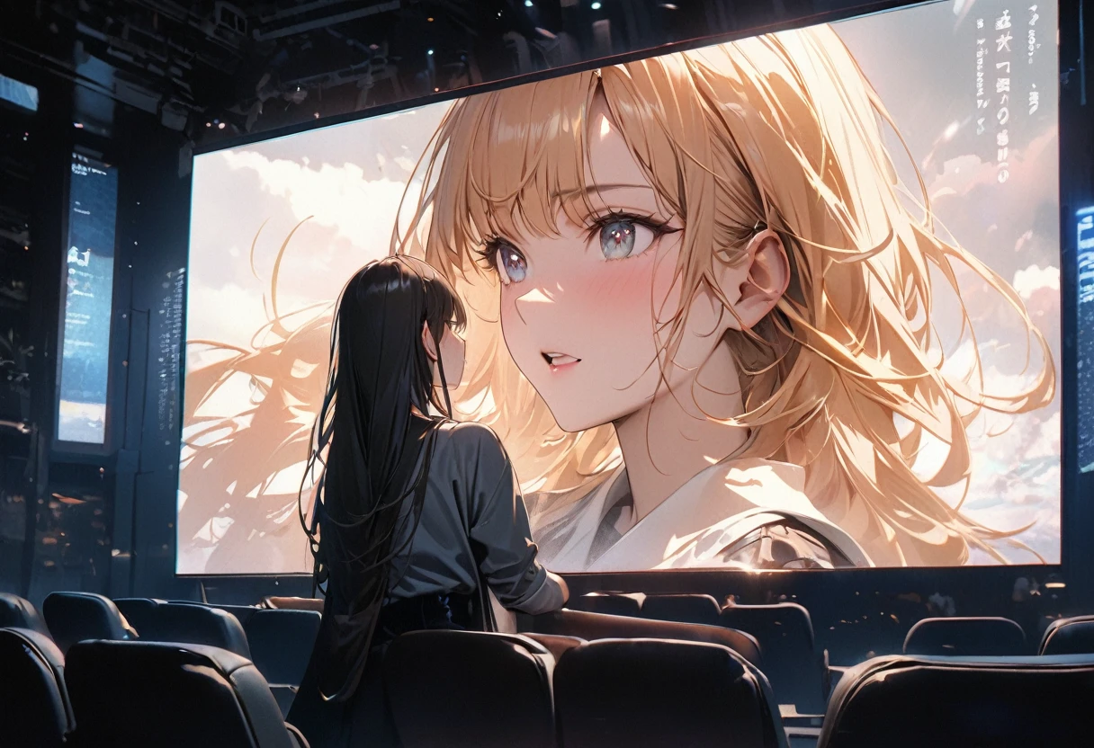 (Projection onto a cinema screen, hyper realistic style), (Word message Visible of "1111" in cinema screen), break, double exposure sadist girl in screen, BREAK, perfect anatomy, masterpiece, best quality, 16k, beautiful detailed cinema, daydreaming expression.