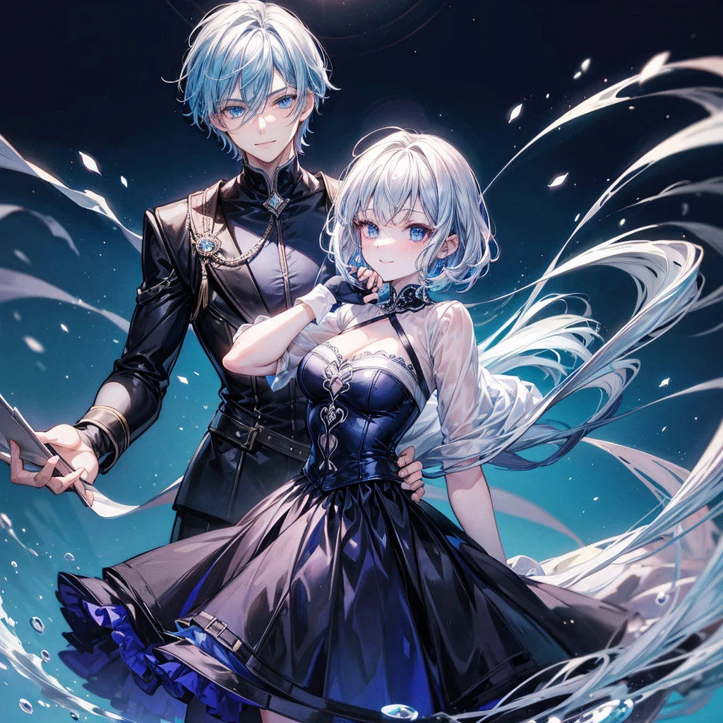 Grown-up guy, pearlescent hair, blue eyes, dark clothes,smile face,murder,man,short hair,not the woman