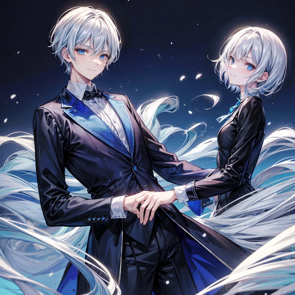 Grown-up guy, pearlescent hair, blue eyes, dark clothes,smile face,murder,man,short hair,not the woman 