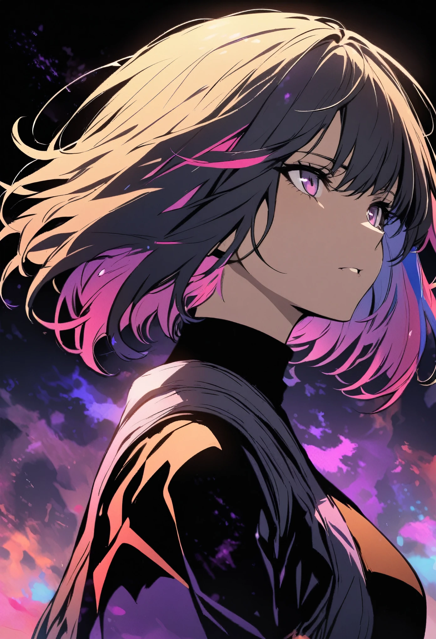  alone, female, Bob Hair, Colorful Hair, Powerful gaze, Black turtleneck, Upper Body, front